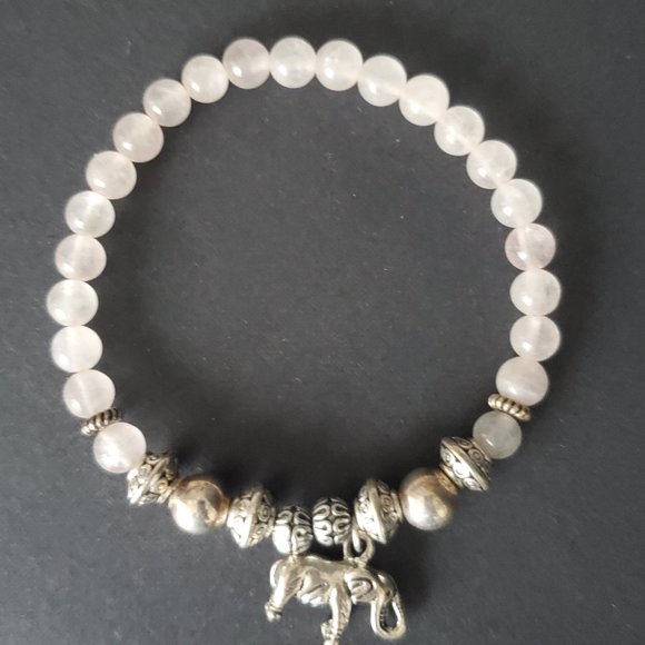 VTG Beaded Boho Bracelet + Elephant Charm Pink Quartz Beads & Rustic Silver - Picture 1 of 6
